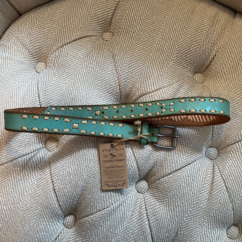 Handmade cowboy belt-NEW-teal with tan stitching. UNIQUE-made in Amsterdam - M